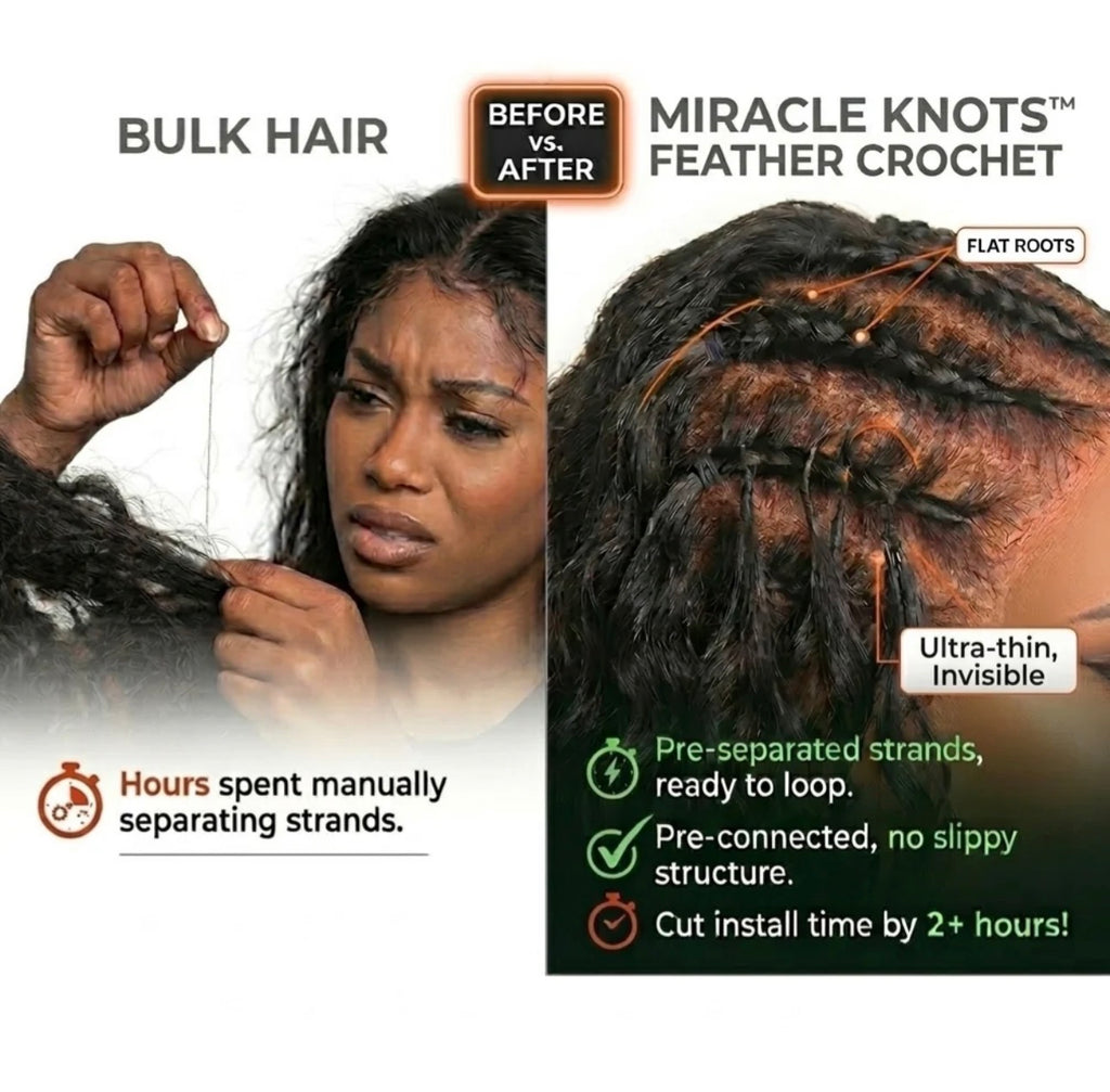 Miracle Knots Human Feather Crochet Hair Burmese Curly with No Spiral Ends - Pre-Separated Knotless Crochet Braids for Seamless Blending