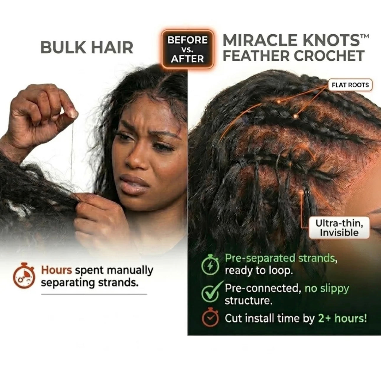 Miracle Knots Human Feather Crochet Hair Deep Wave with No Spiral Ends - Pre-Separated Knotless Crochet Braids for Seamless Blending